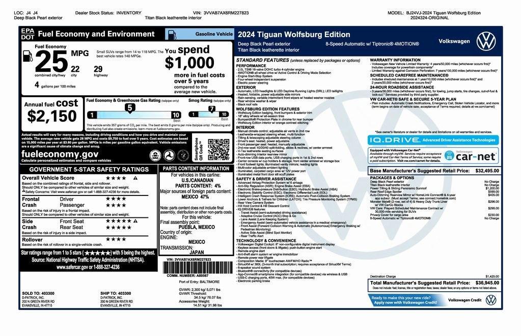 new 2024 Volkswagen Tiguan car, priced at $34,445