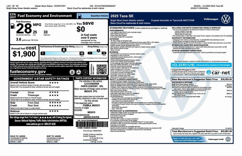 new 2025 Volkswagen Taos car, priced at $32,981