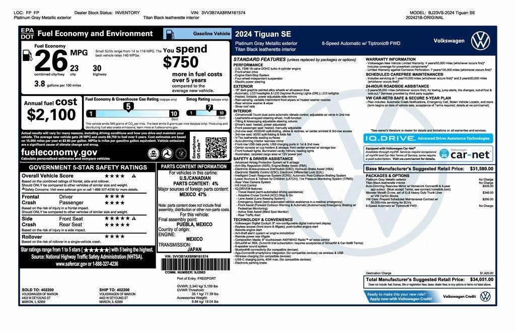 new 2024 Volkswagen Tiguan car, priced at $31,551