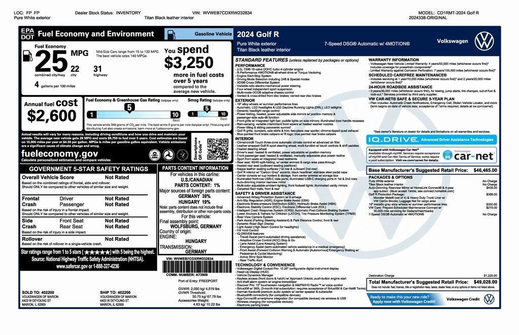 new 2024 Volkswagen Golf R car, priced at $49,028