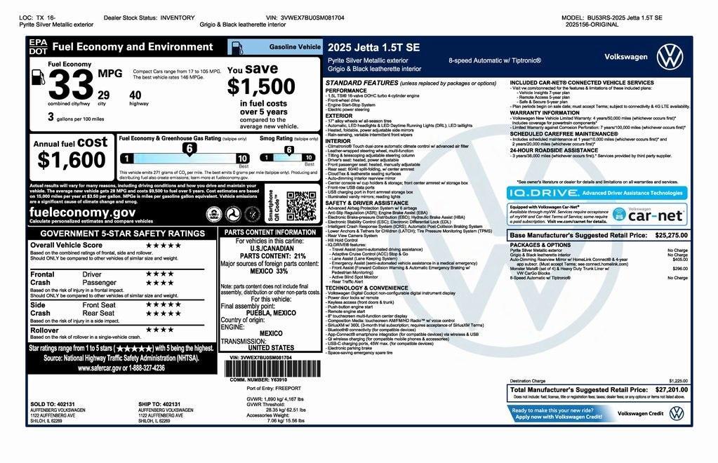 new 2025 Volkswagen Jetta car, priced at $27,201