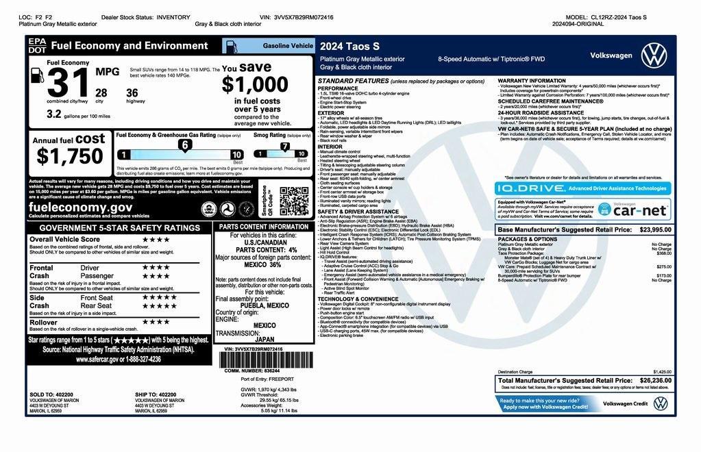 new 2024 Volkswagen Taos car, priced at $25,236