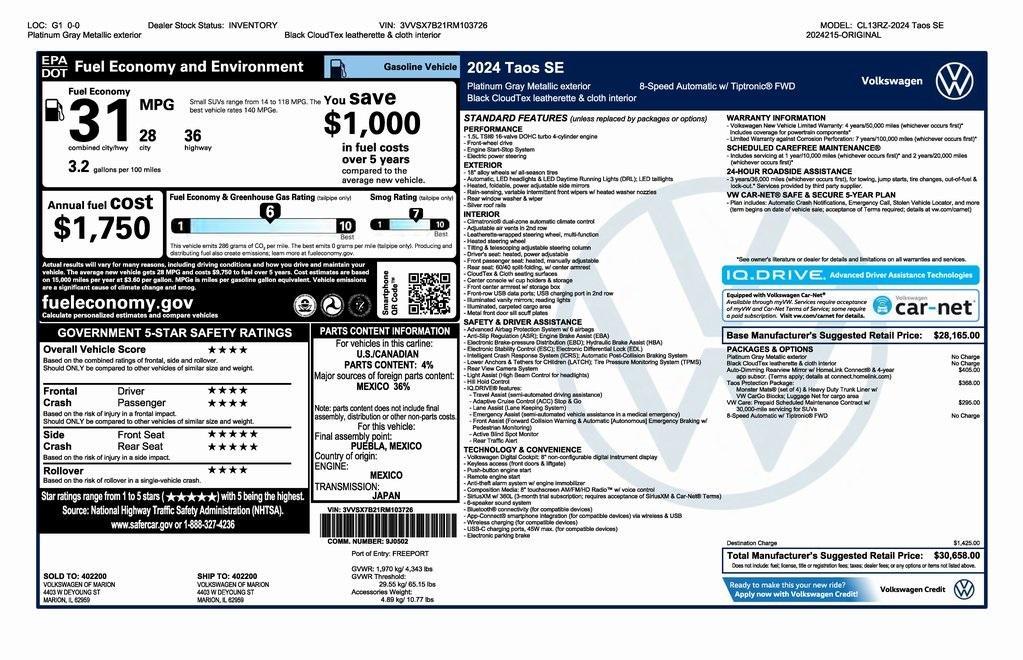 new 2024 Volkswagen Taos car, priced at $29,158