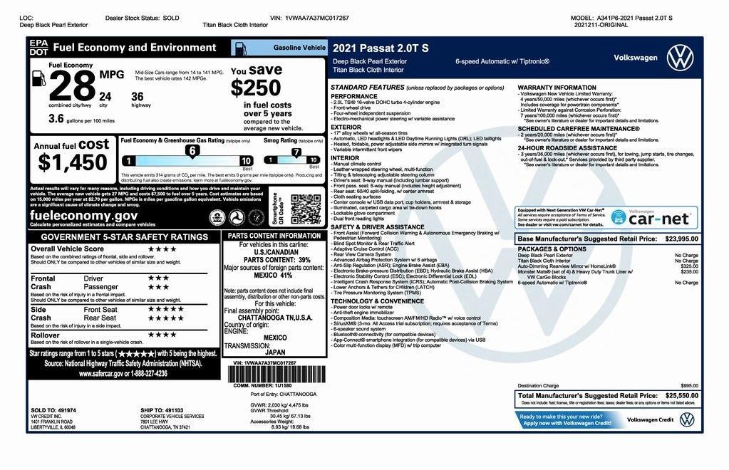 used 2021 Volkswagen Passat car, priced at $18,000