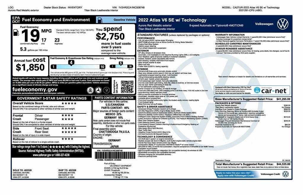 used 2022 Volkswagen Atlas car, priced at $27,000