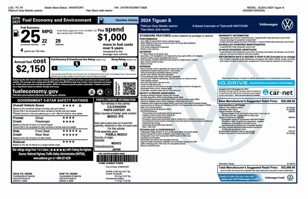 new 2024 Volkswagen Tiguan car, priced at $30,986