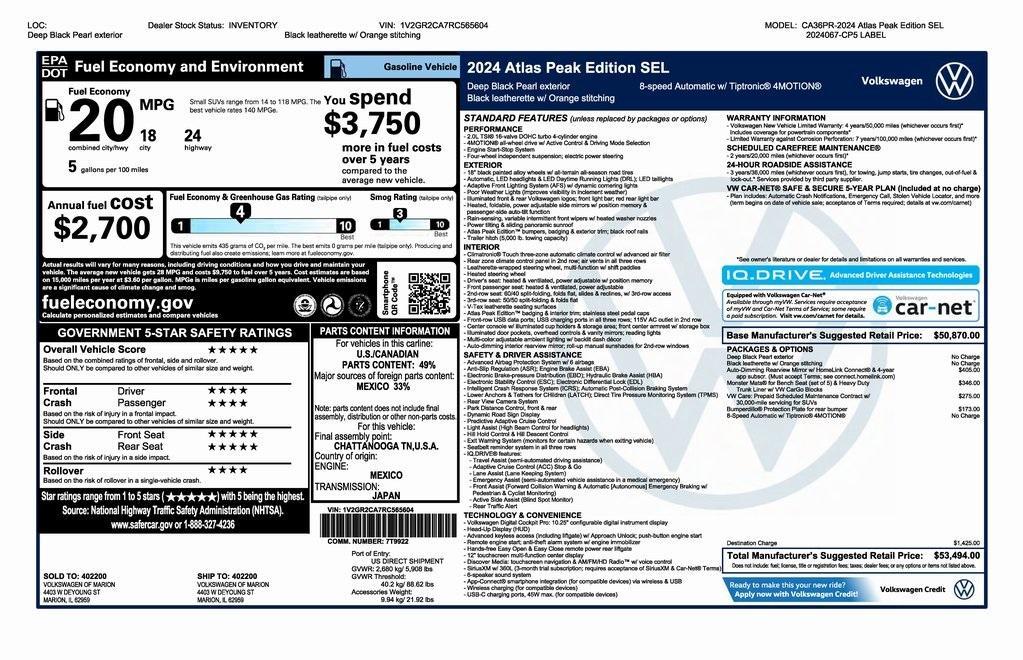 new 2024 Volkswagen Atlas car, priced at $50,494
