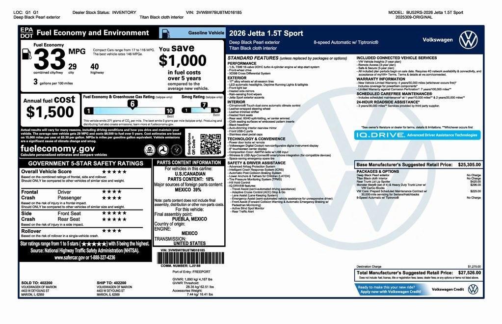 new 2026 Volkswagen Jetta car, priced at $27,526