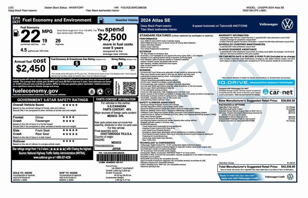 new 2024 Volkswagen Atlas car, priced at $39,538