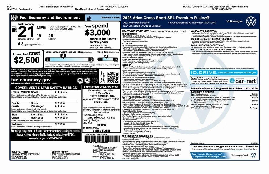 new 2025 Volkswagen Atlas Cross Sport car, priced at $53,571