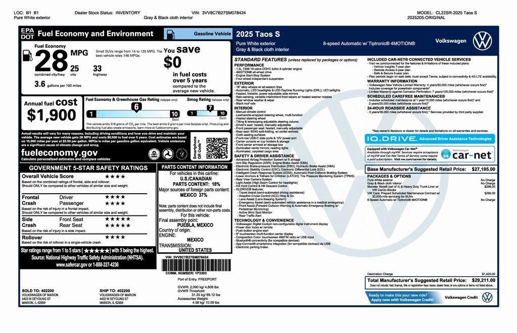 new 2025 Volkswagen Taos car, priced at $29,211