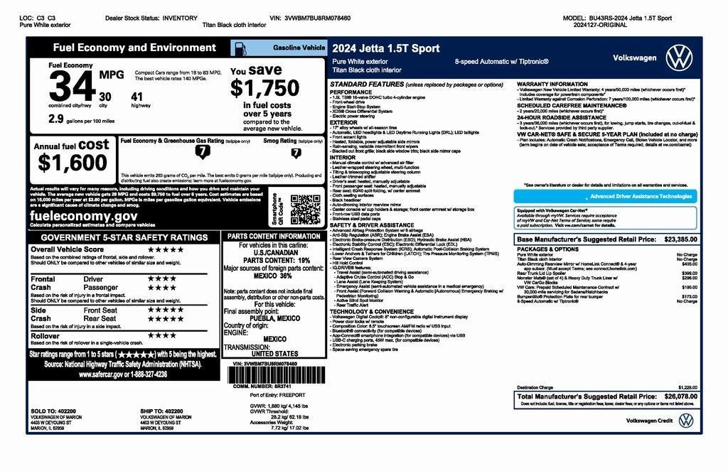 new 2024 Volkswagen Jetta car, priced at $24,078