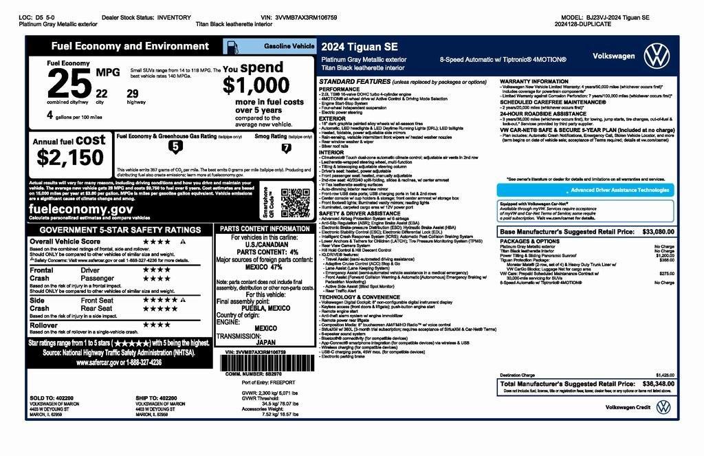 new 2024 Volkswagen Tiguan car, priced at $34,348