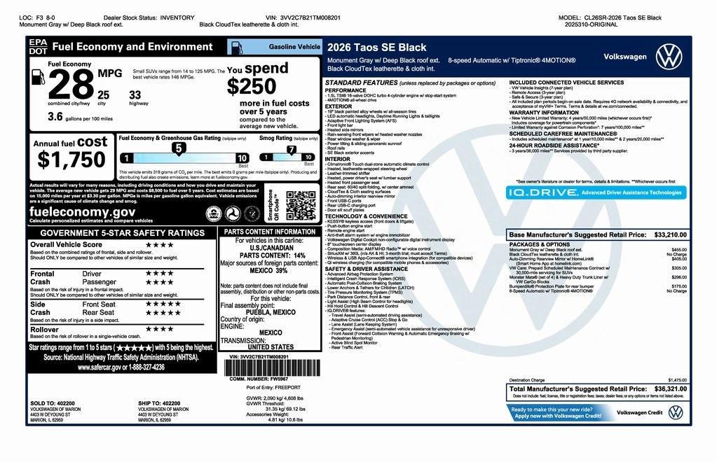new 2026 Volkswagen Taos car, priced at $36,321