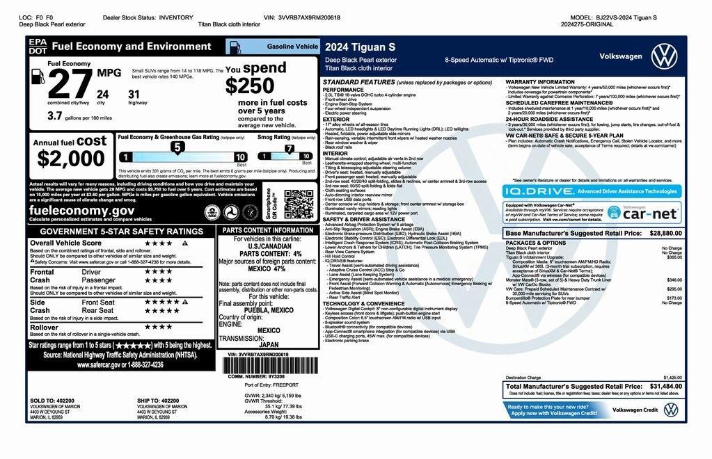 new 2024 Volkswagen Tiguan car, priced at $28,984