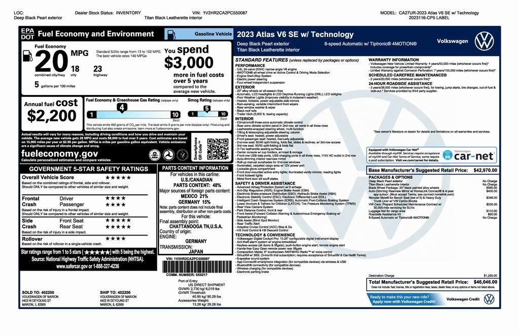 used 2023 Volkswagen Atlas car, priced at $34,500