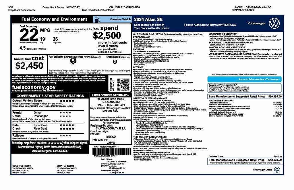 new 2024 Volkswagen Atlas car, priced at $39,538