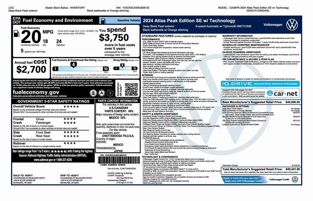 used 2024 Volkswagen Atlas car, priced at $44,000