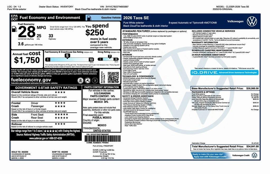 new 2026 Volkswagen Taos car, priced at $34,641