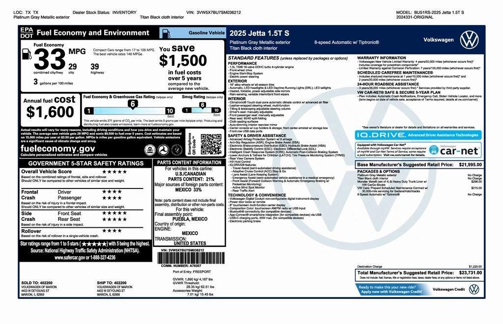 new 2025 Volkswagen Jetta car, priced at $22,731