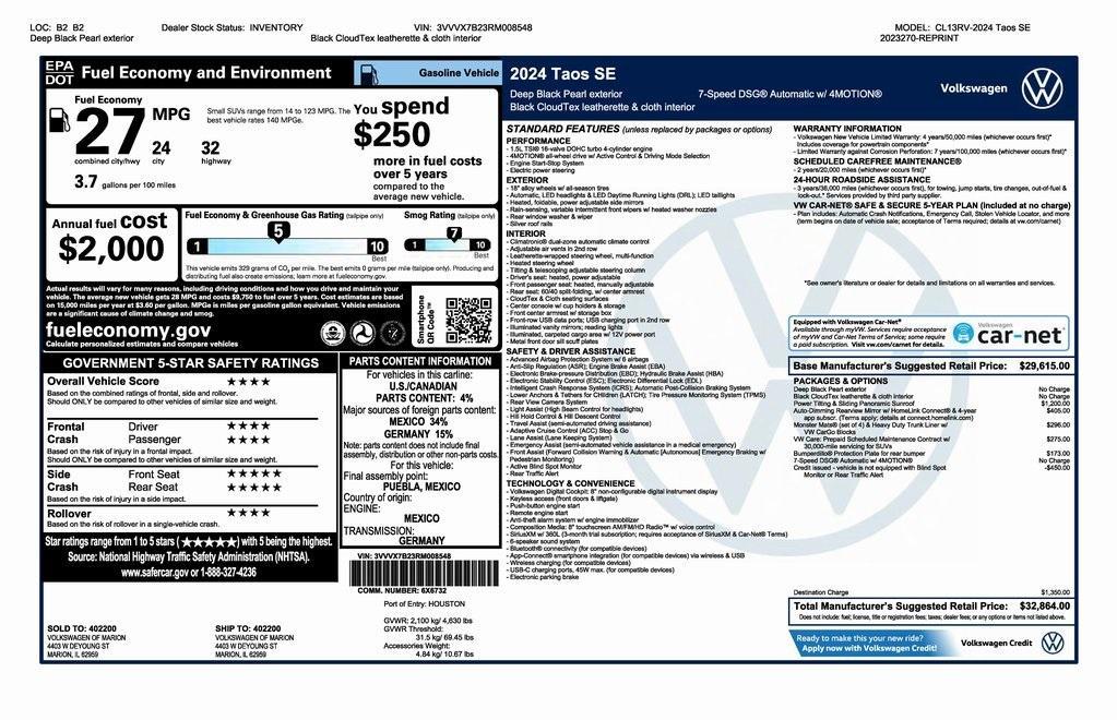 new 2024 Volkswagen Taos car, priced at $31,864