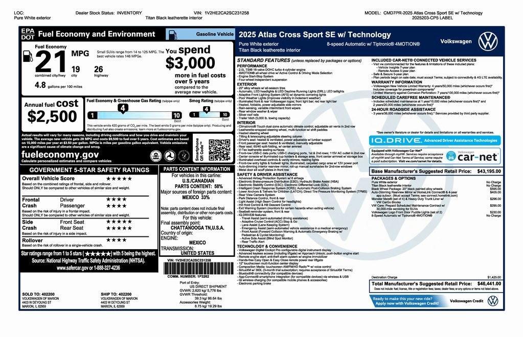 new 2025 Volkswagen Atlas Cross Sport car, priced at $42,441