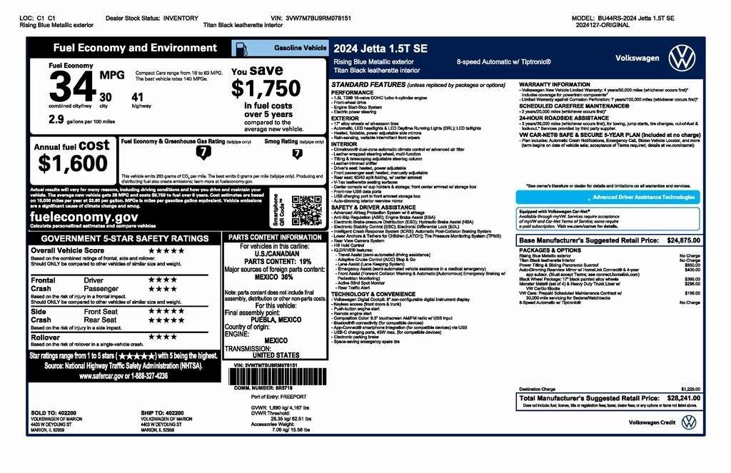 new 2024 Volkswagen Jetta car, priced at $26,241