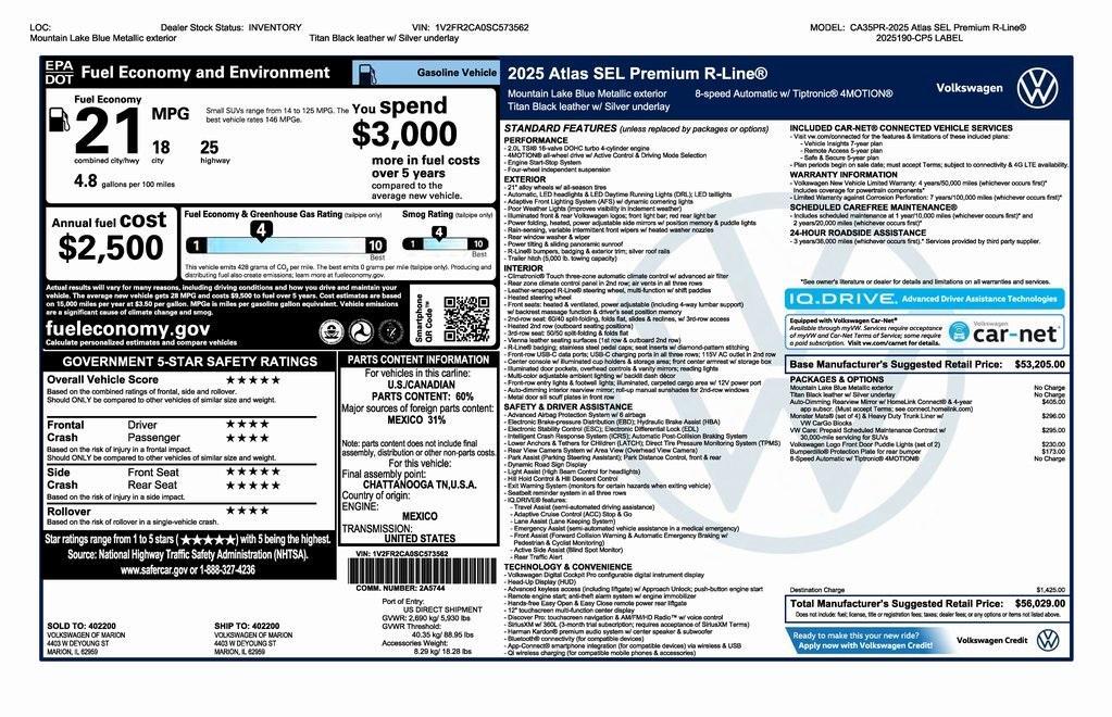new 2025 Volkswagen Atlas car, priced at $50,529