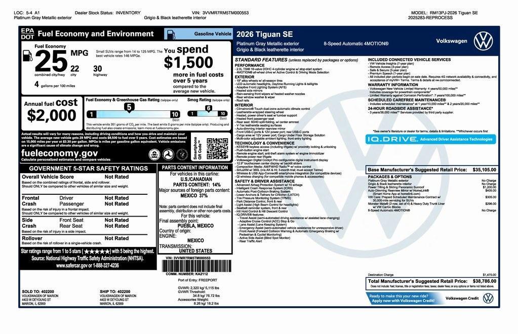 new 2026 Volkswagen Tiguan car, priced at $38,786