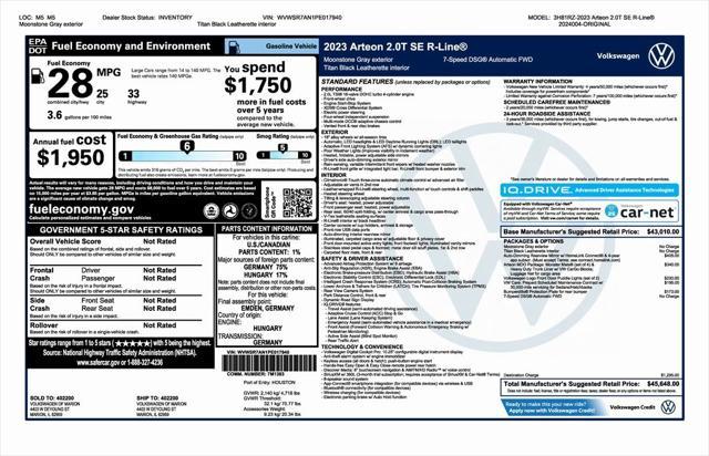 new 2023 Volkswagen Arteon car, priced at $38,799