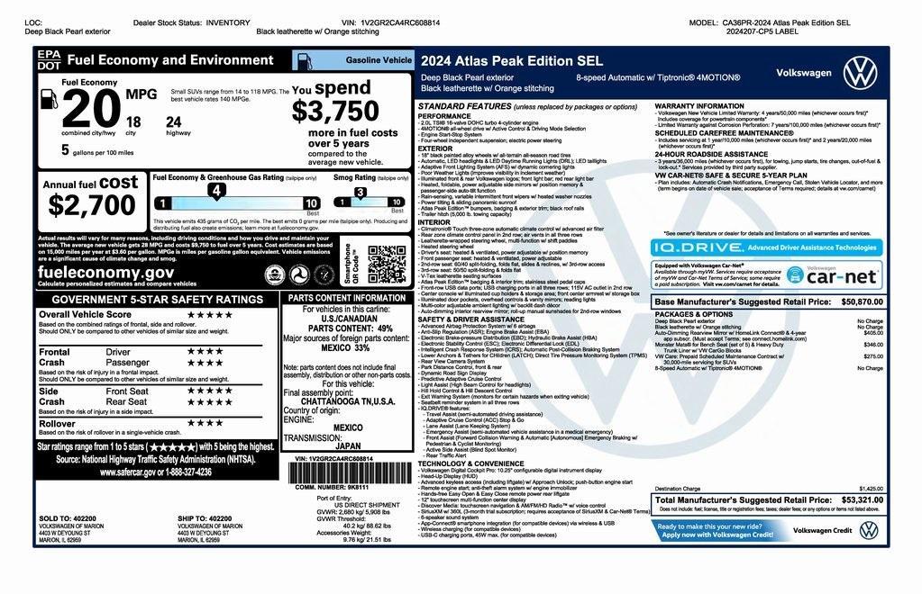 new 2024 Volkswagen Atlas car, priced at $50,321