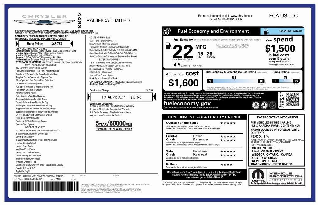 used 2022 Chrysler Pacifica car, priced at $27,750