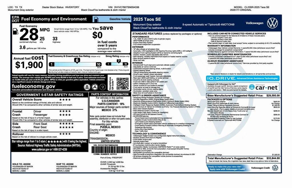 new 2025 Volkswagen Taos car, priced at $30,844