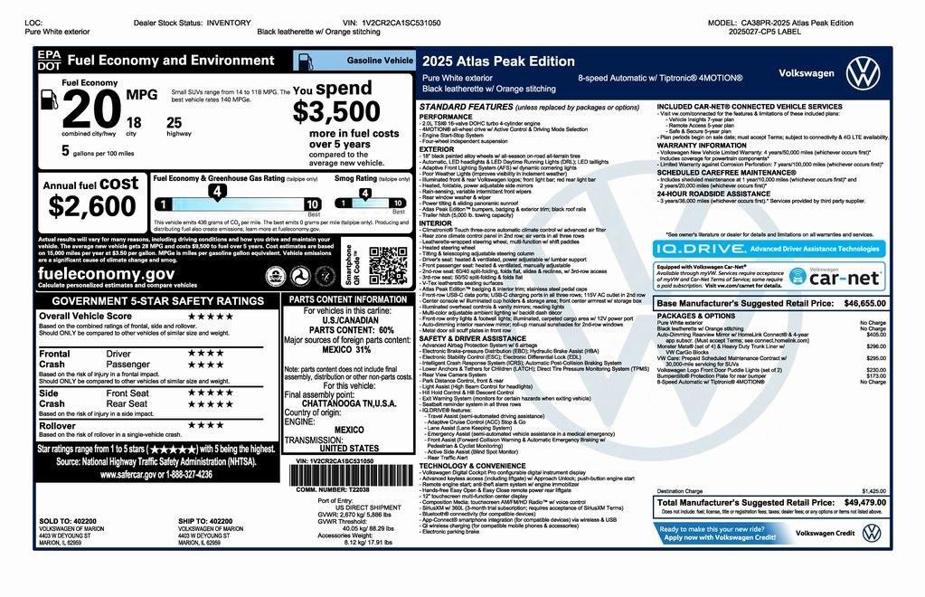 new 2025 Volkswagen Atlas car, priced at $47,479