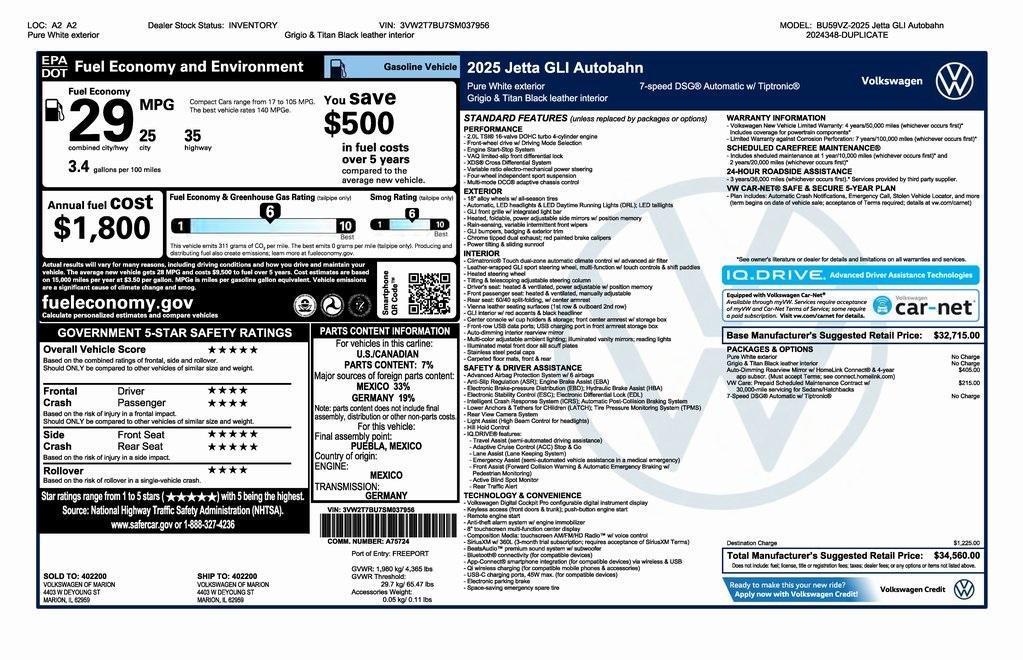 new 2025 Volkswagen Jetta GLI car, priced at $34,856