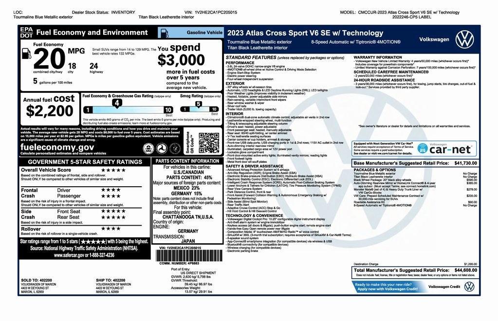 used 2023 Volkswagen Atlas Cross Sport car, priced at $32,000