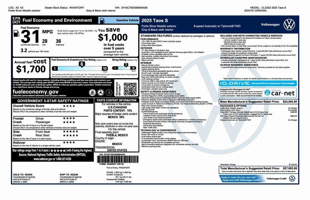 new 2025 Volkswagen Taos car, priced at $25,583