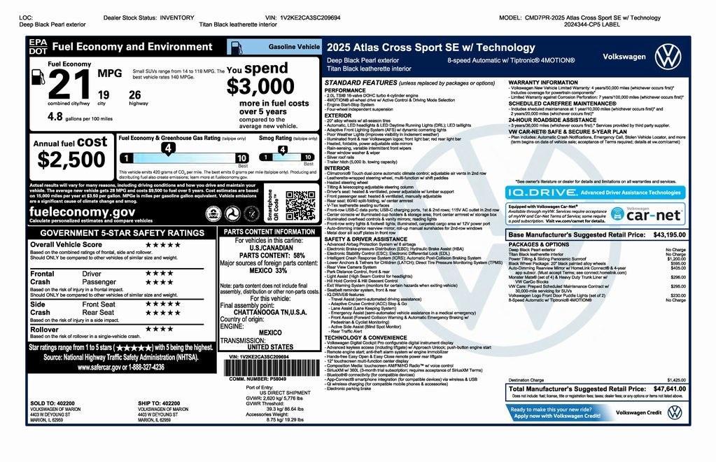 new 2025 Volkswagen Atlas Cross Sport car, priced at $46,141