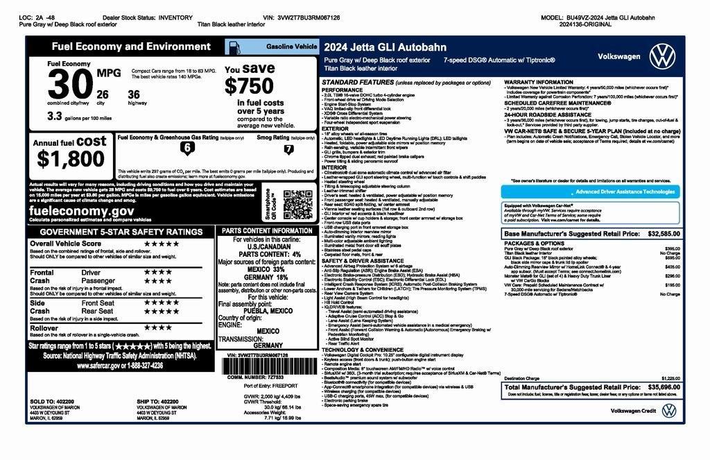 new 2024 Volkswagen Jetta GLI car, priced at $35,696