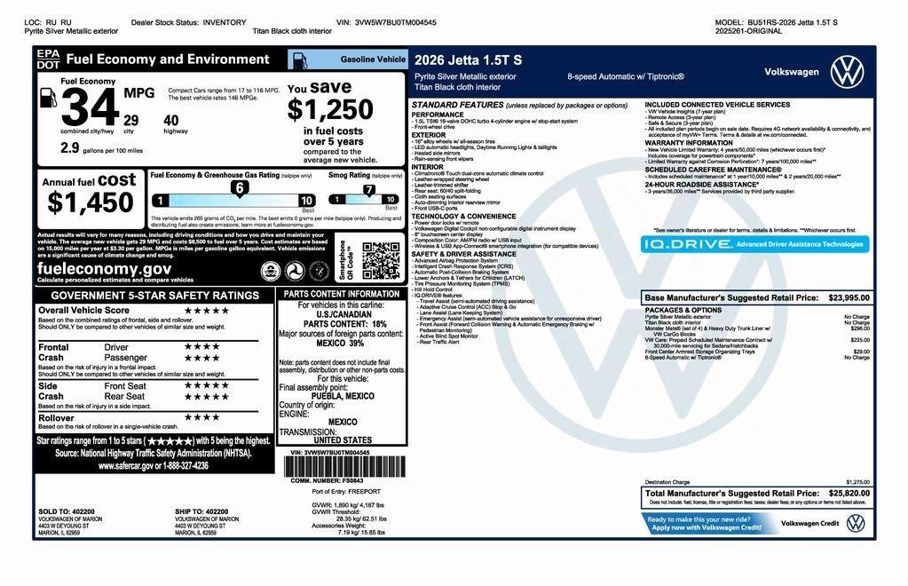 new 2026 Volkswagen Jetta car, priced at $25,820