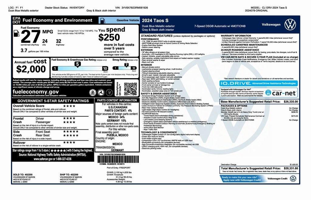 new 2024 Volkswagen Taos car, priced at $27,331