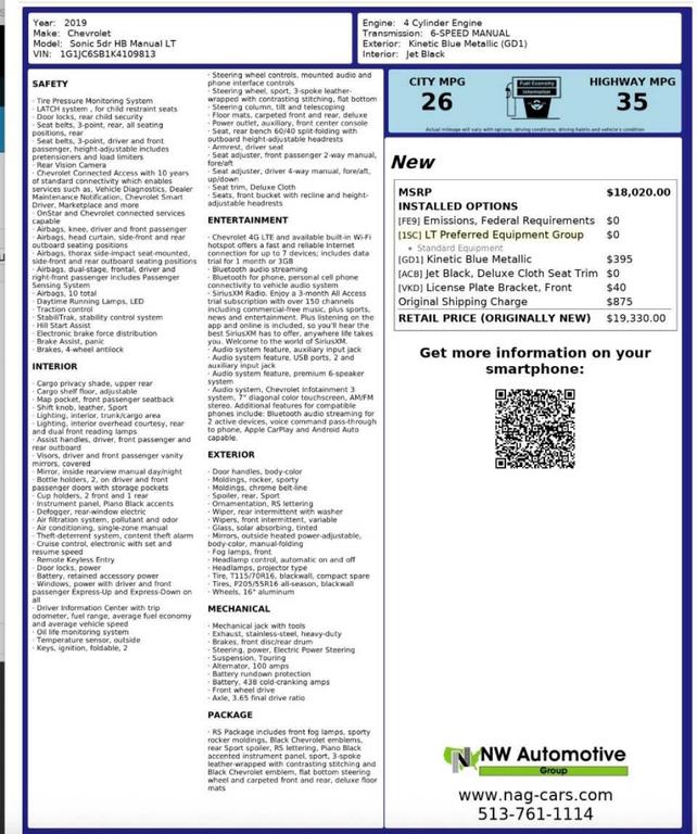 used 2019 Chevrolet Sonic car, priced at $7,493