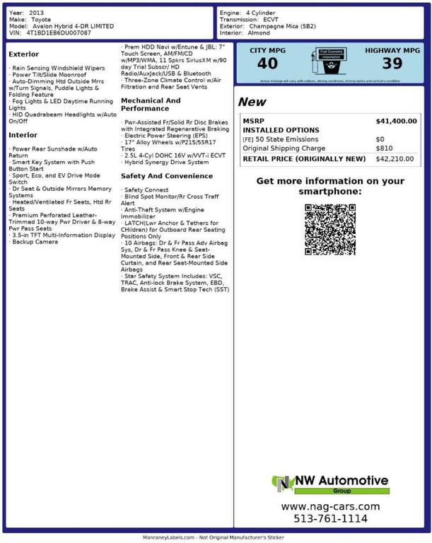 used 2013 Toyota Avalon Hybrid car, priced at $11,993