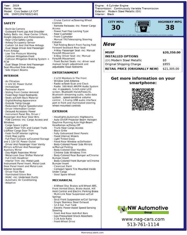 used 2019 Honda Civic car, priced at $13,493