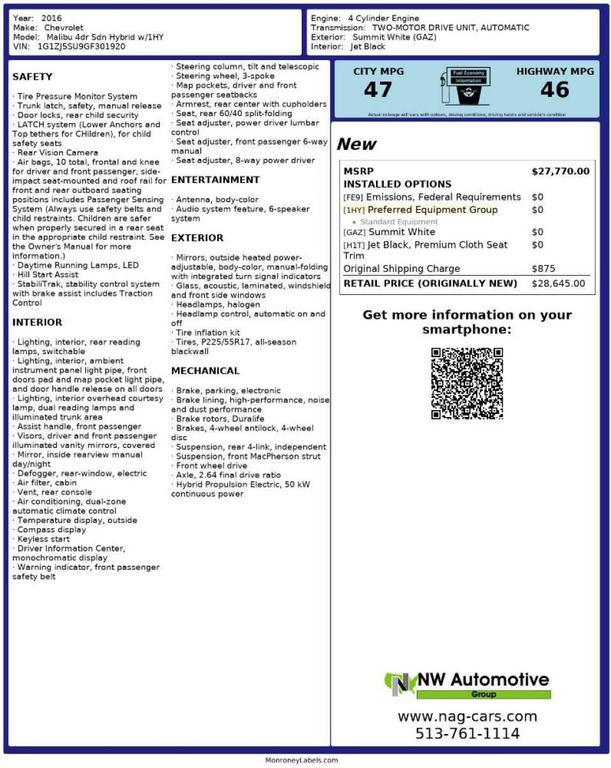 used 2016 Chevrolet Malibu Hybrid car, priced at $13,993