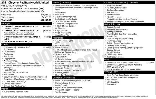 used 2021 Chrysler Pacifica Hybrid car, priced at $25,000