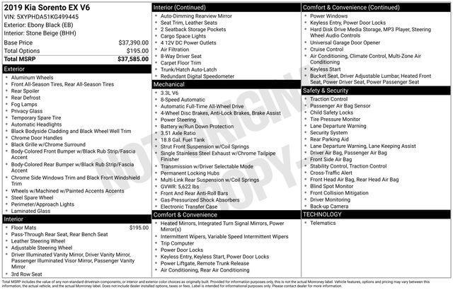 used 2019 Kia Sorento car, priced at $17,500