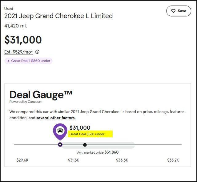 used 2021 Jeep Grand Cherokee L car, priced at $31,000