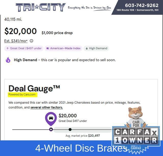 used 2021 Jeep Cherokee car, priced at $20,000