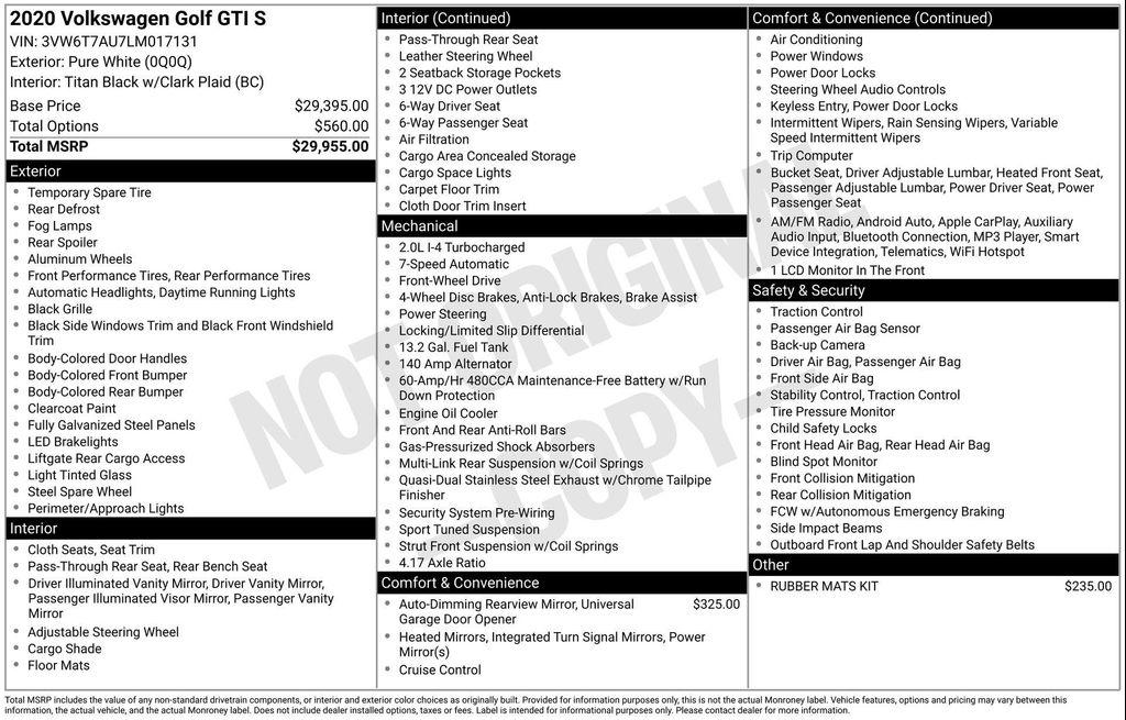 used 2020 Volkswagen Golf GTI car, priced at $20,444